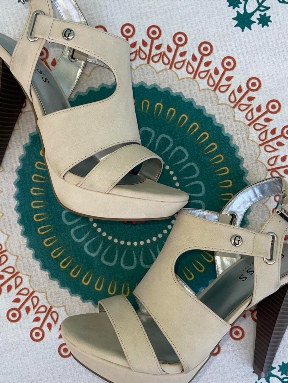 Guess cream platform heels with silver buckle detail 5.5